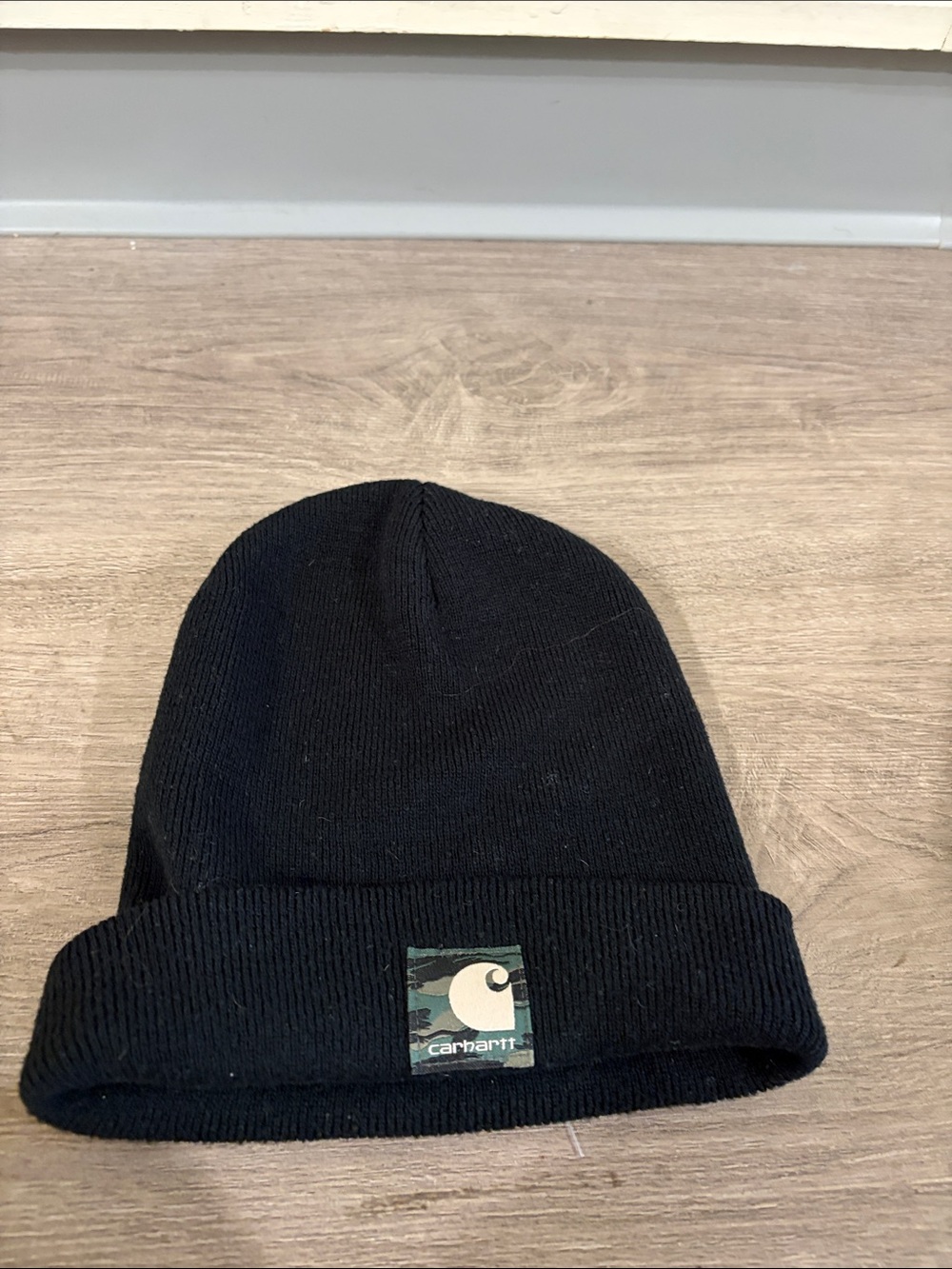 Carhartt Black Cuffed Knit Beanie with Camo Logo Patch